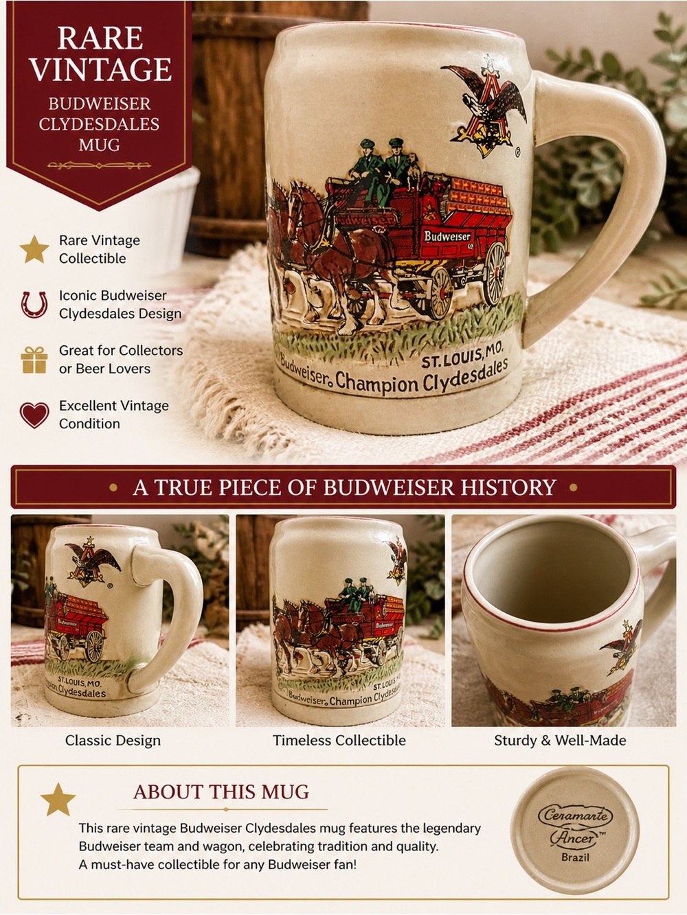 RARE 1980 Budweiser Holiday Stein CS-19 RED CASES Champion Clydesdales